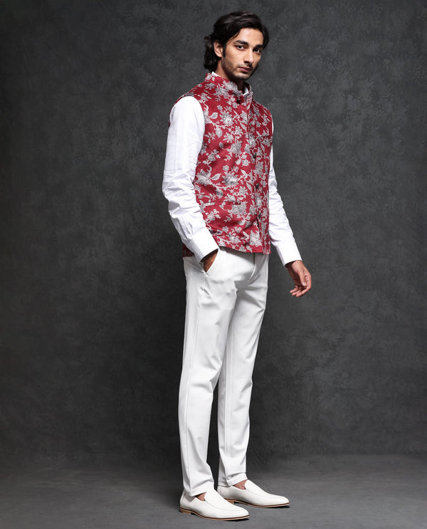 Rare Rabbit Men's Camero Dark Red Polyester Fabric Mandarin Collar Floral Velvet Bandi