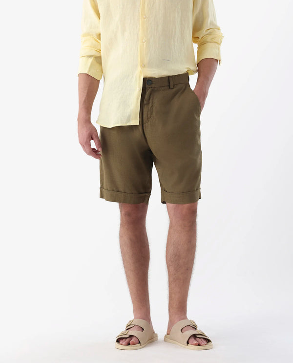 Rare Rabbit Mens Camer Olive Lyocell Blend Fabric Regular Fit Mid Rise Button & Zip Closure Shorts