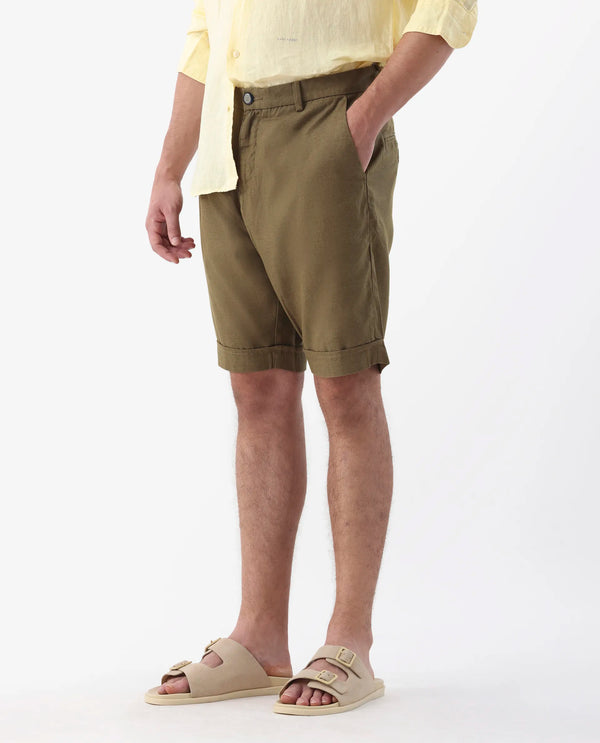 Rare Rabbit Mens Camer Olive Lyocell Blend Fabric Regular Fit Mid Rise Button & Zip Closure Shorts