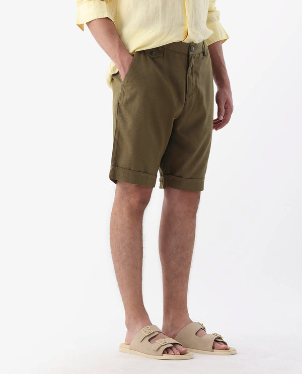 Rare Rabbit Mens Camer Olive Lyocell Blend Fabric Regular Fit Mid Rise Button & Zip Closure Shorts