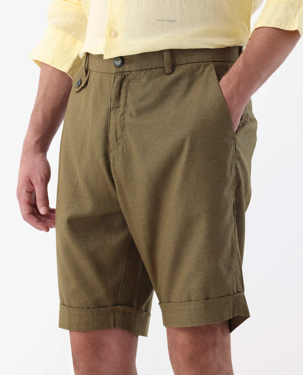Rare Rabbit Mens Camer Olive Lyocell Blend Fabric Regular Fit Mid Rise Button & Zip Closure Shorts