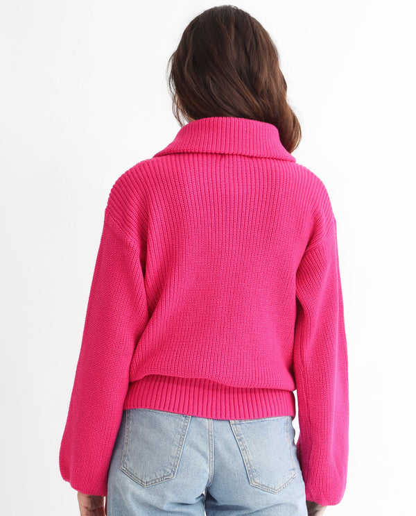 Rareism Women Camille Dark Pink Acrylic Fabric Full Sleeves Relaxed Fit Solid Drop Collar Sweater