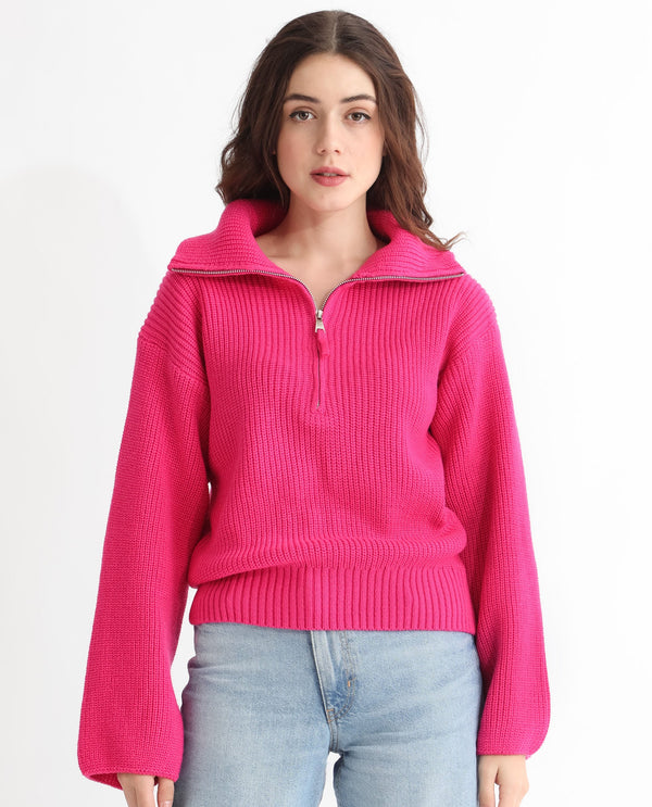 Rareism Women Camille Dark Pink Acrylic Fabric Full Sleeves Relaxed Fit Solid Drop Collar Sweater