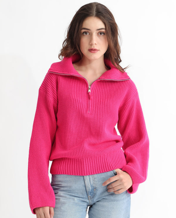 Rareism Women Camille Dark Pink Acrylic Fabric Full Sleeves Relaxed Fit Solid Drop Collar Sweater