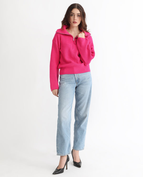 Rareism Women Camille Dark Pink Acrylic Fabric Full Sleeves Relaxed Fit Solid Drop Collar Sweater
