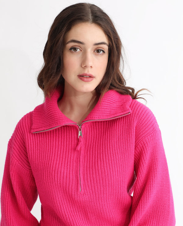 Rareism Women Camille Dark Pink Acrylic Fabric Full Sleeves Relaxed Fit Solid Drop Collar Sweater