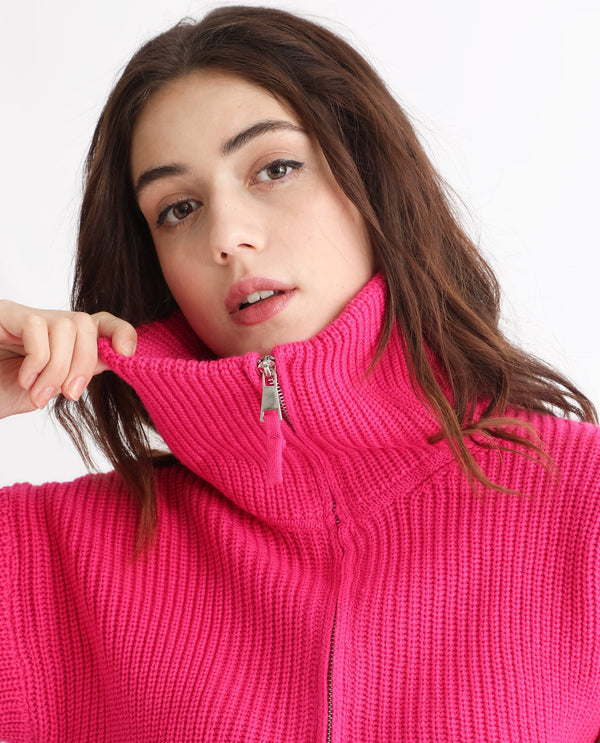 Rareism Women Camille Dark Pink Acrylic Fabric Full Sleeves Relaxed Fit Solid Drop Collar Sweater