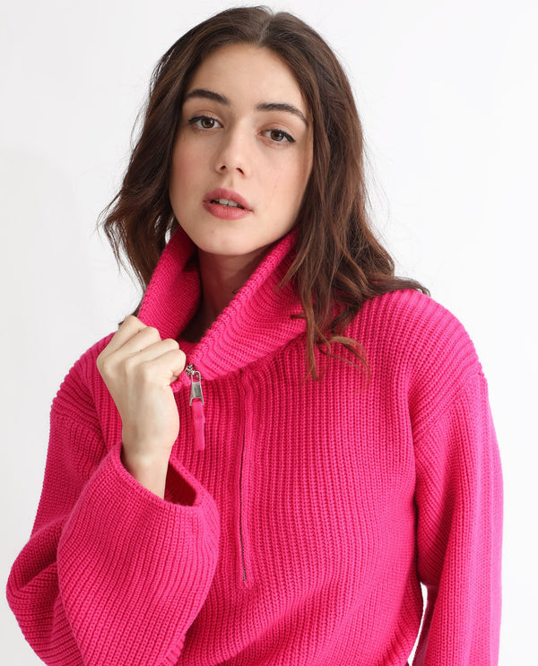 Rareism Women Camille Dark Pink Acrylic Fabric Full Sleeves Relaxed Fit Solid Drop Collar Sweater
