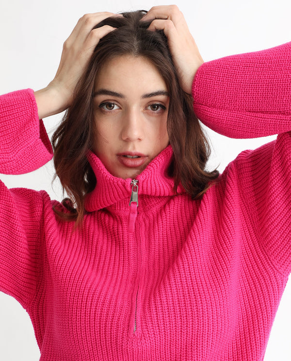 Rareism Women Camille Dark Pink Acrylic Fabric Full Sleeves Relaxed Fit Solid Drop Collar Sweater