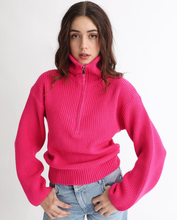 Rareism Women Camille Dark Pink Acrylic Fabric Full Sleeves Relaxed Fit Solid Drop Collar Sweater