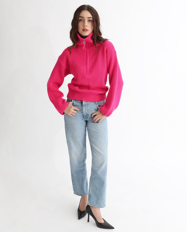 Rareism Women Camille Dark Pink Acrylic Fabric Full Sleeves Relaxed Fit Solid Drop Collar Sweater