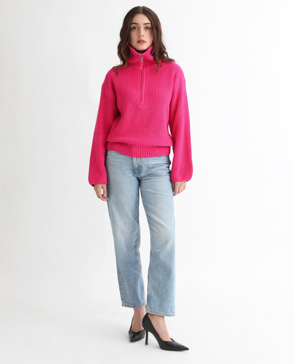 Rareism Women Camille Dark Pink Acrylic Fabric Full Sleeves Relaxed Fit Solid Drop Collar Sweater
