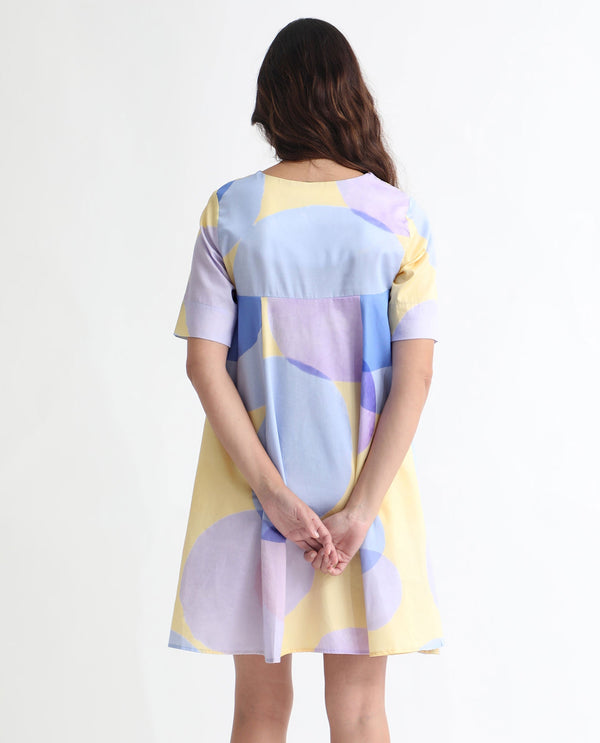 Rareism Women Campbell Yellow Cotton Fabric Short Sleeves Over Lap Flared Fit Abstract Print Knee Length Empire Dress