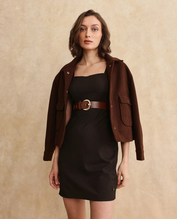 Rareism Women's Canakkale Brown Polyester Blend Fabric Sweetheart Neck   Plain Straight Fit Mini Dress