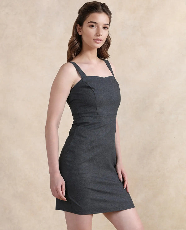 Rareism Women Canakkale Grey Sleeveless Sweetheart Neck Zipper Closure Straight Fit Above Knee Length Plain Dress