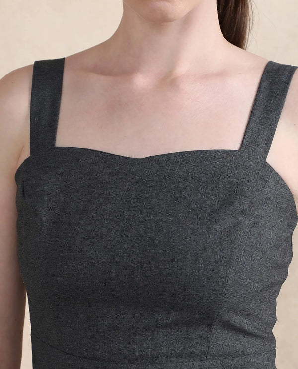 Rareism Women Canakkale Grey Sleeveless Sweetheart Neck Zipper Closure Straight Fit Above Knee Length Plain Dress