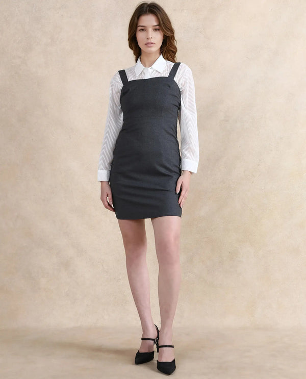Rareism Women Canakkale Grey Sleeveless Sweetheart Neck Zipper Closure Straight Fit Above Knee Length Plain Dress