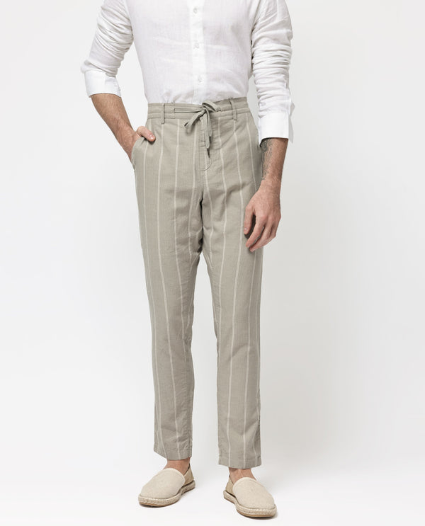 Rare Rabbit Mens Canal Grey Cotton Stripe Drawstring Trouser
