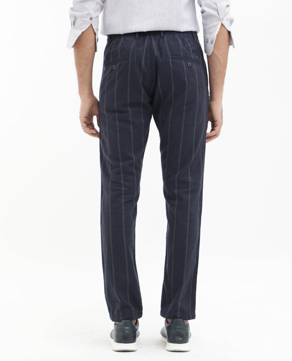 Rare Rabbit Mens Canal Navy Cotton Fabric Drawstring Closure Stripe Trouser