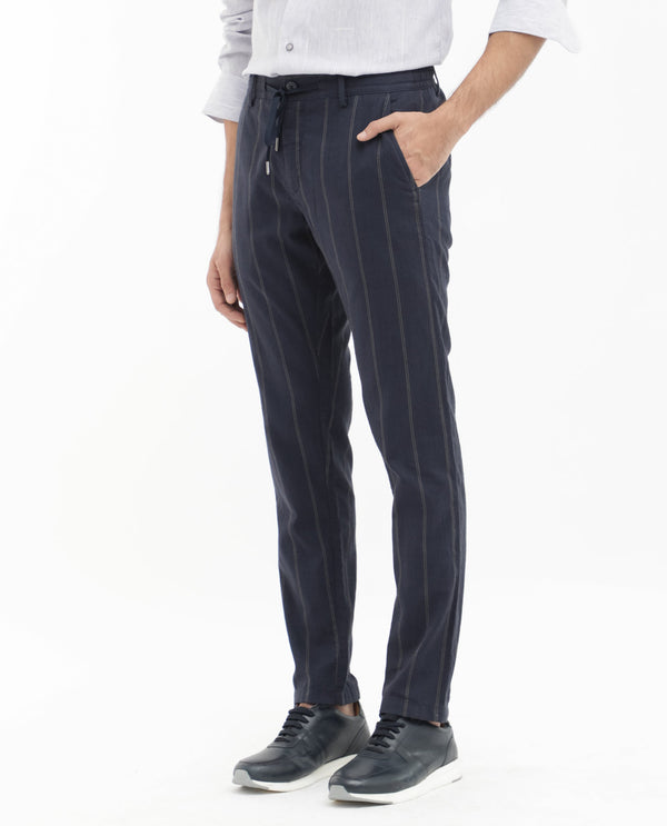 Rare Rabbit Mens Canal Navy Cotton Fabric Drawstring Closure Stripe Trouser