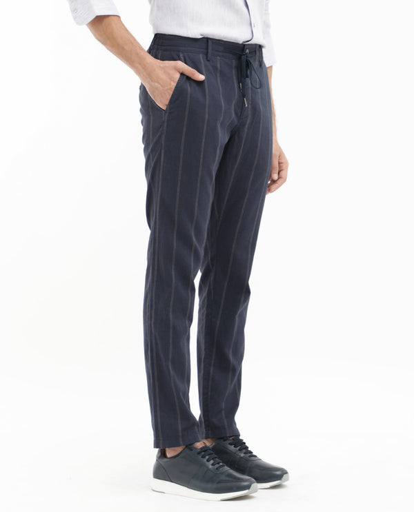 Rare Rabbit Mens Canal Navy Cotton Fabric Drawstring Closure Stripe Trouser
