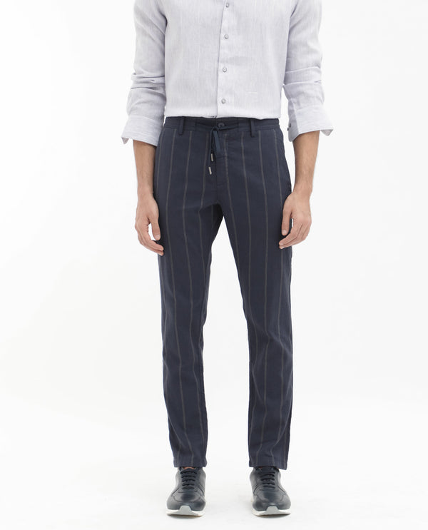 Rare Rabbit Mens Canal Navy Cotton Fabric Drawstring Closure Stripe Trouser
