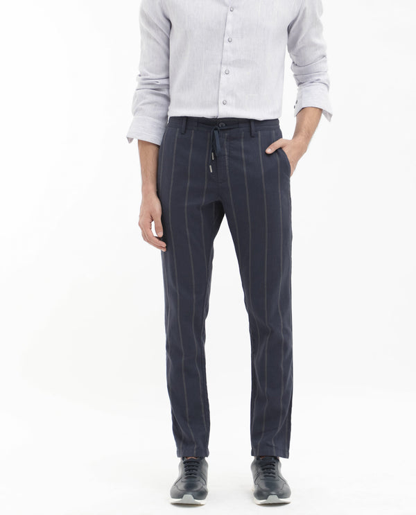 Rare Rabbit Mens Canal Navy Cotton Fabric Drawstring Closure Stripe Trouser