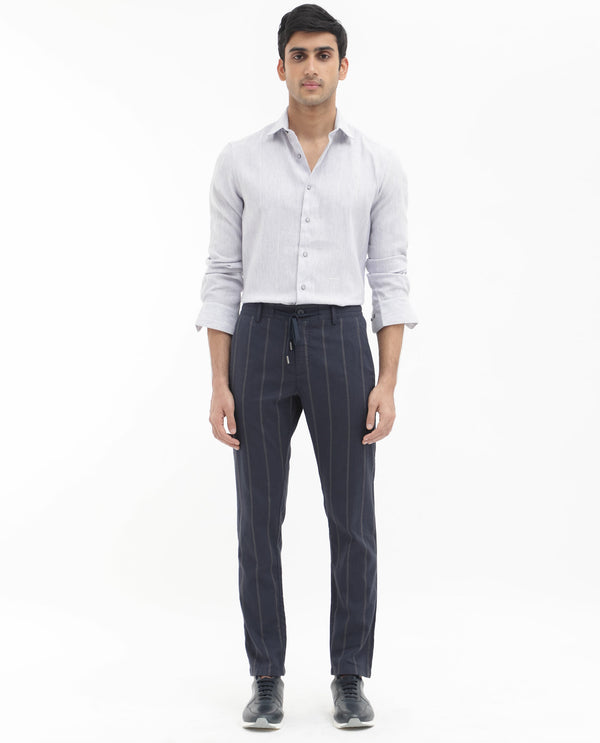 Rare Rabbit Mens Canal Navy Cotton Fabric Drawstring Closure Stripe Trouser