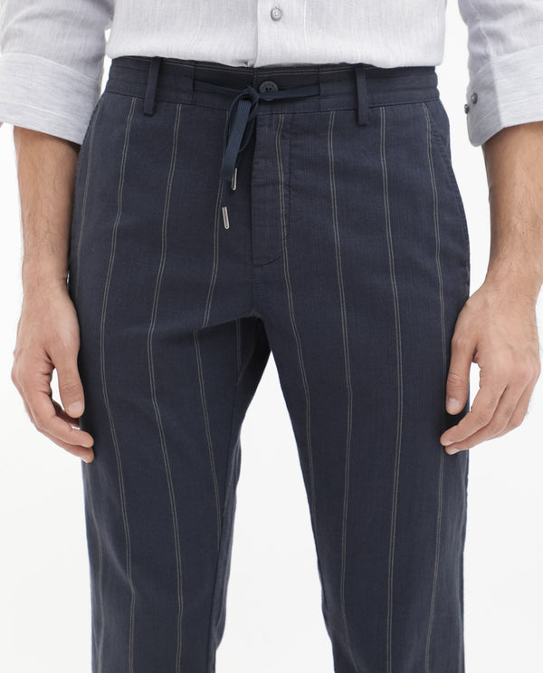 Rare Rabbit Mens Canal Navy Cotton Fabric Drawstring Closure Stripe Trouser