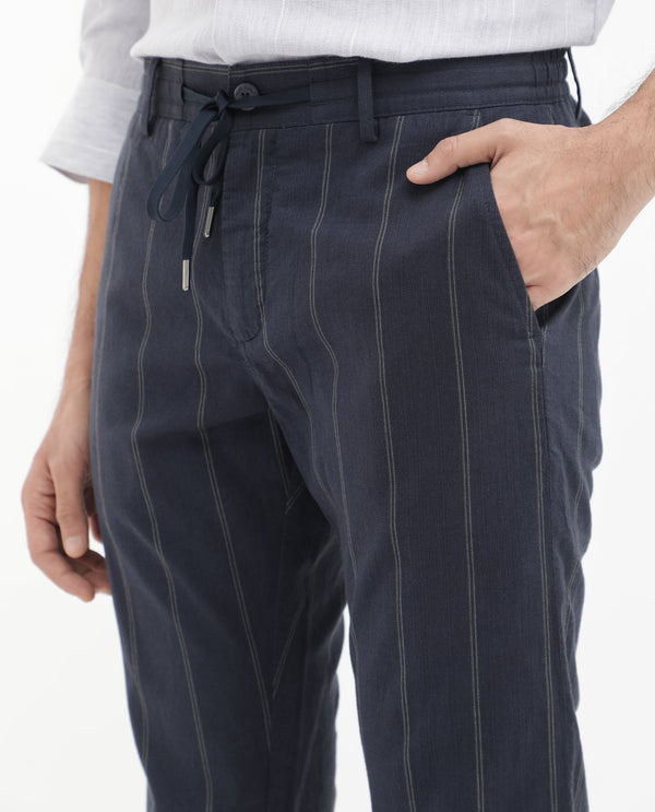 Rare Rabbit Mens Canal Navy Cotton Fabric Drawstring Closure Stripe Trouser