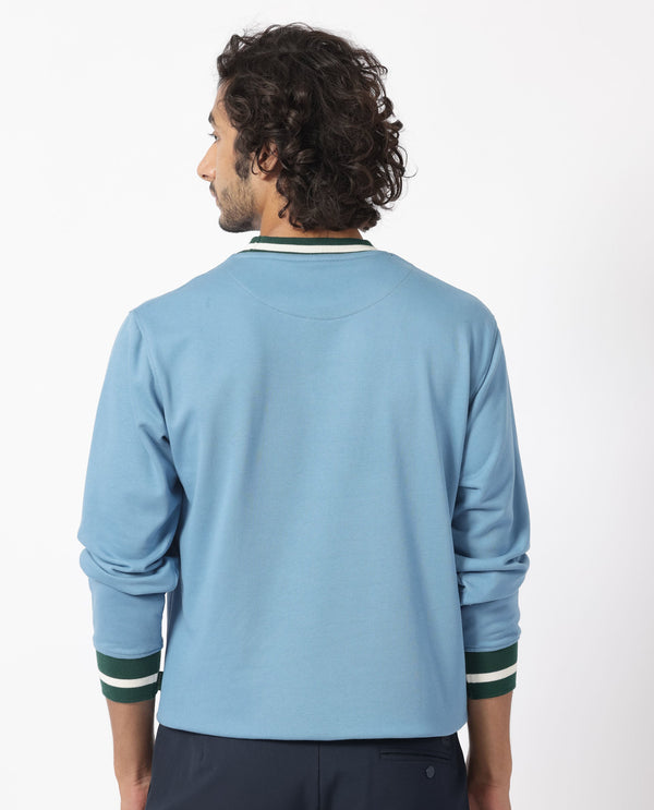 Rare Rabbit Men's Cancet Light Blue Cotton Polyester Fabric Full Sleeves Contrast Stripe Detail Sweatshirt