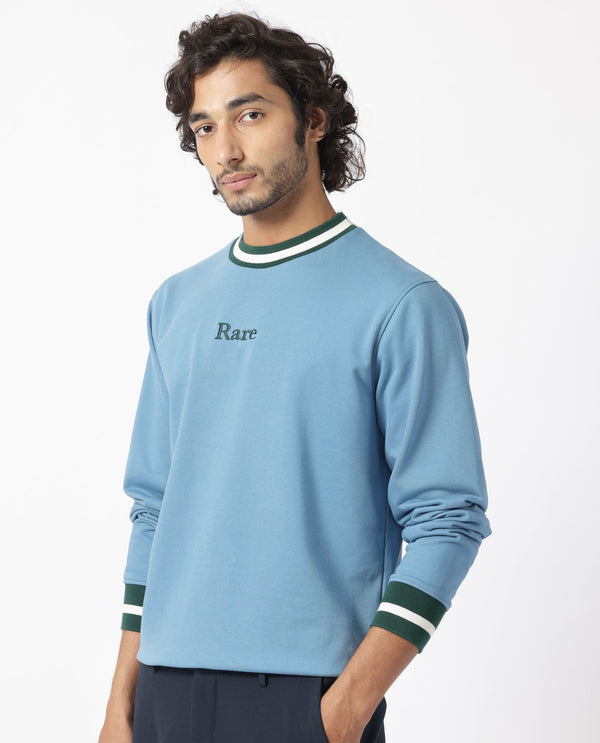 Rare Rabbit Men's Cancet Light Blue Cotton Polyester Fabric Full Sleeves Contrast Stripe Detail Sweatshirt