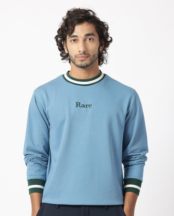 Rare Rabbit Men's Cancet Light Blue Cotton Polyester Fabric Full Sleeves Contrast Stripe Detail Sweatshirt