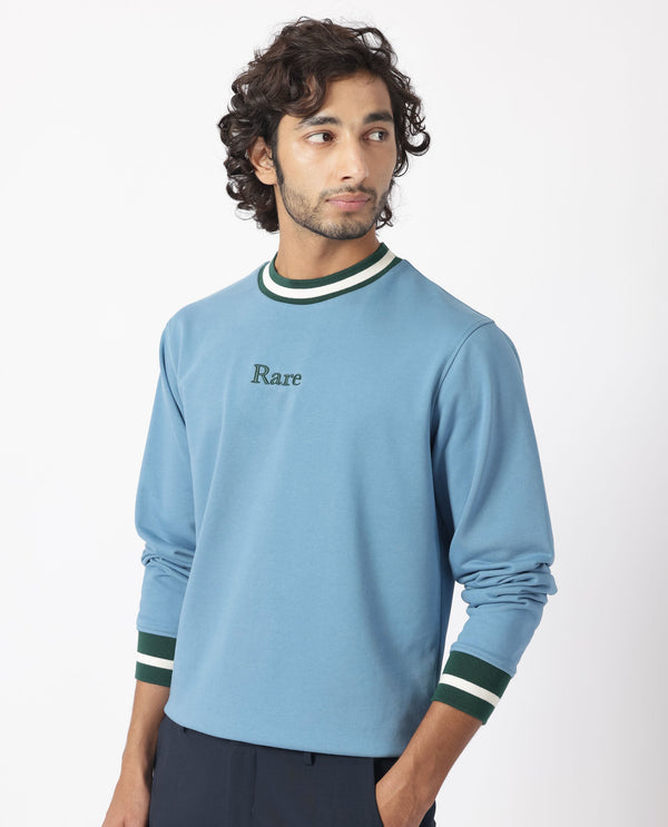 Rare Rabbit Men's Cancet Light Blue Cotton Polyester Fabric Full Sleeves Contrast Stripe Detail Sweatshirt