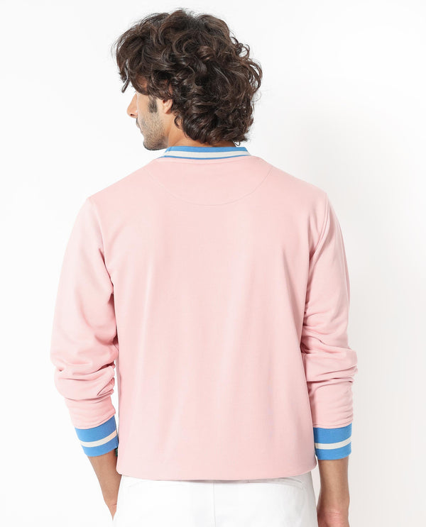 Rare Rabbit Men's Cancet Light Pink Cotton Polyester Fabric Full Sleeves Contrast Stripe Detail Sweatshirt