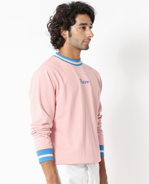 Rare Rabbit Men's Cancet Light Pink Cotton Polyester Fabric Full Sleeves Contrast Stripe Detail Sweatshirt