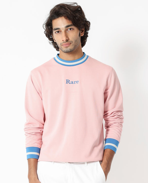 Rare Rabbit Men's Cancet Light Pink Cotton Polyester Fabric Full Sleeves Contrast Stripe Detail Sweatshirt