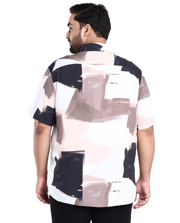 Rare Rabbit Men's Canvas Beige Viscose Fabric Collared Neck Half Sleeves Abstract Print Shirt Plus Size
