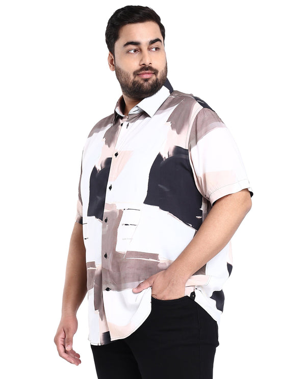 Rare Rabbit Men's Canvas Beige Viscose Fabric Collared Neck Half Sleeves Abstract Print Shirt Plus Size