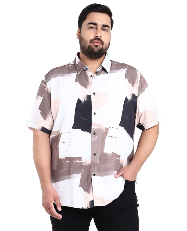 Rare Rabbit Men's Canvas Beige Viscose Fabric Collared Neck Half Sleeves Abstract Print Shirt Plus Size