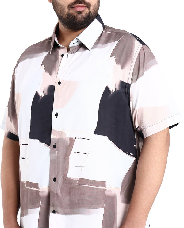 Rare Rabbit Men's Canvas Beige Viscose Fabric Collared Neck Half Sleeves Abstract Print Shirt Plus Size