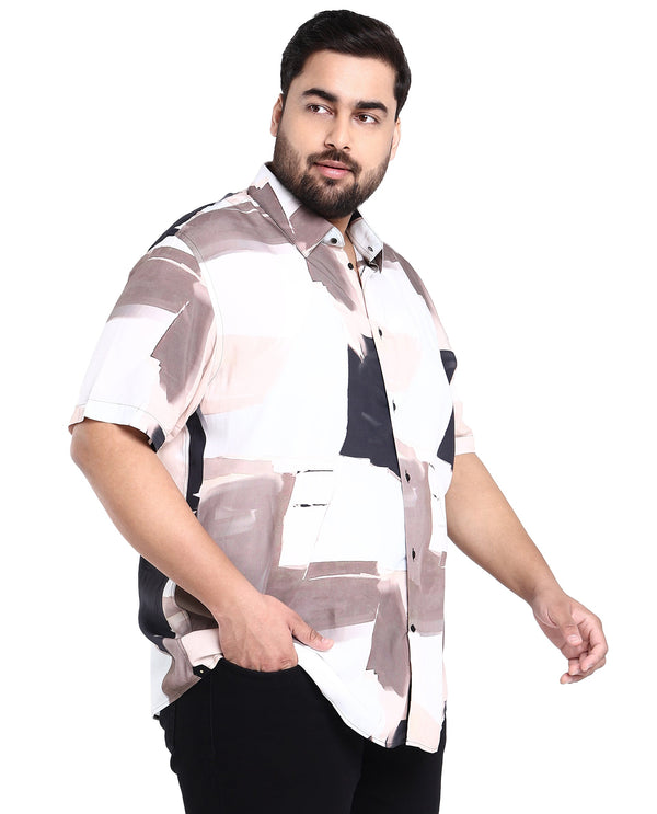 Rare Rabbit Men's Canvas Beige Viscose Fabric Collared Neck Half Sleeves Abstract Print Shirt Plus Size