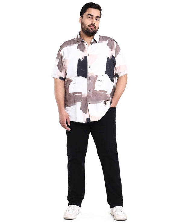 Rare Rabbit Men's Canvas Beige Viscose Fabric Collared Neck Half Sleeves Abstract Print Shirt Plus Size