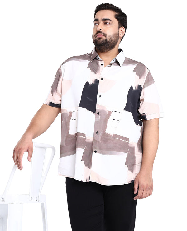 Rare Rabbit Men's Canvas Beige Viscose Fabric Collared Neck Half Sleeves Abstract Print Shirt Plus Size