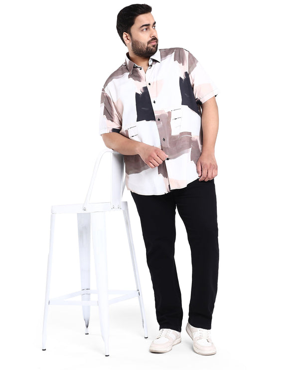 Rare Rabbit Men's Canvas Beige Viscose Fabric Collared Neck Half Sleeves Abstract Print Shirt Plus Size