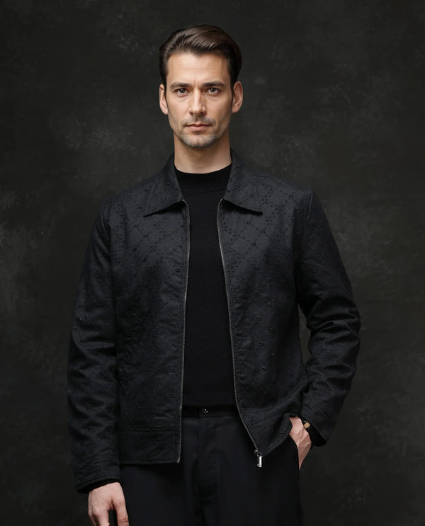 Rare Rabbit Men Canyo Black Polyester Viscose Fabric Full Sleeve Collared Neck Zipper Closure Relaxed Fit Embroidered Jacket
