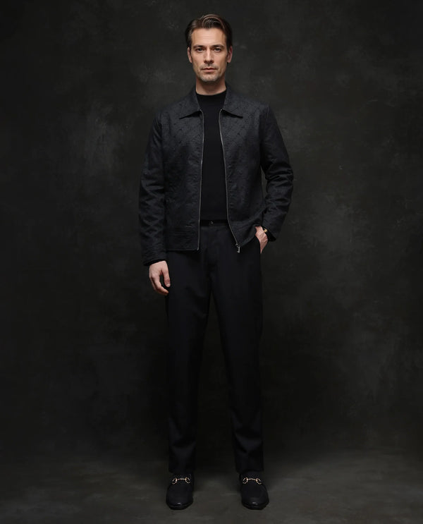 Rare Rabbit Men Canyo Black Polyester Viscose Fabric Full Sleeve Collared Neck Zipper Closure Relaxed Fit Embroidered Jacket