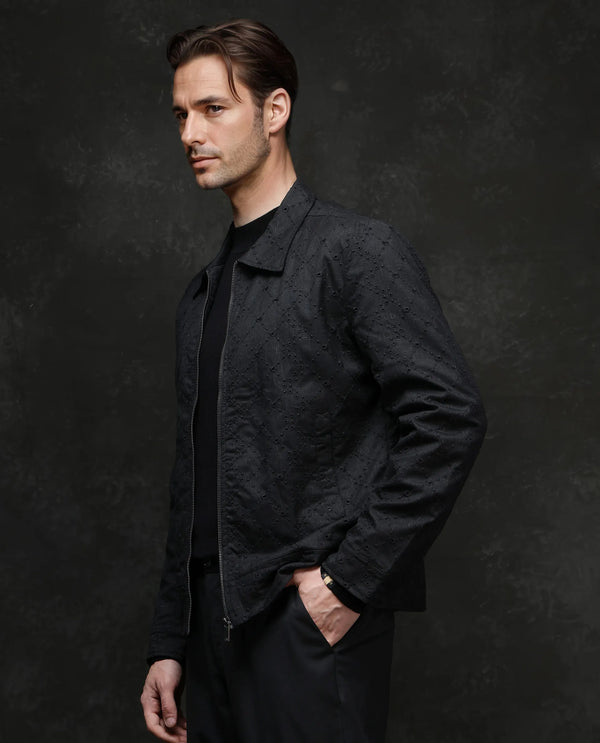 Rare Rabbit Men Canyo Black Polyester Viscose Fabric Full Sleeve Collared Neck Zipper Closure Relaxed Fit Embroidered Jacket