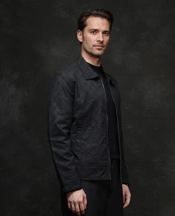 Rare Rabbit Men Canyo Black Polyester Viscose Fabric Full Sleeve Collared Neck Zipper Closure Relaxed Fit Embroidered Jacket