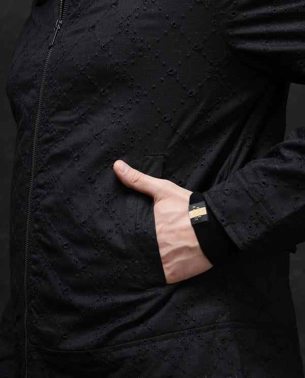 Rare Rabbit Men Canyo Black Polyester Viscose Fabric Full Sleeve Collared Neck Zipper Closure Relaxed Fit Embroidered Jacket